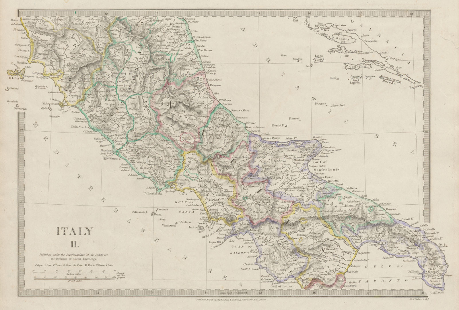 ITALY SOUTH.Naples Stato Pontifico Toscana.Original hand colour SDUK 1844 map